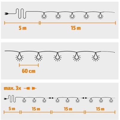 Solight LED venkovní řetěz s žárovkami, 25 žárovek, 15m+5m, 20W, teplá bílá