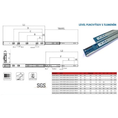 Kuličkový celovýsuv s tlumením 45kg - Délka 450 mm