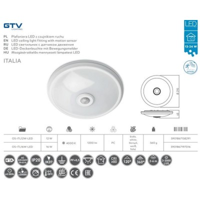 LED stropní svítidlo ITALIA 16W 4000k se senzorem pohybu