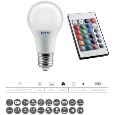 LED žárovka A60 mléčná RGB -  E27, 10W, RGB