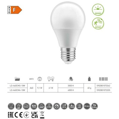 LED žárovka A60 mléčná, středně teplá s čidlem pohybu a stmívání  - E27, 10W, 4000K, 810 lm, 87 mA,220-240 V - středně teplá