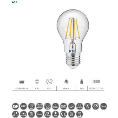 LED žárovka A60 transparentní středně teplá - E27, 8W, 4000K - středně teplá