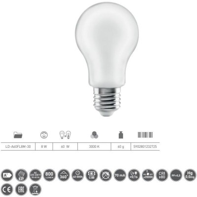 LED žárovka A60,3000K,E27,8W,800lm,AC220-240V/50-60Hz,RA80,360° - středně teplá