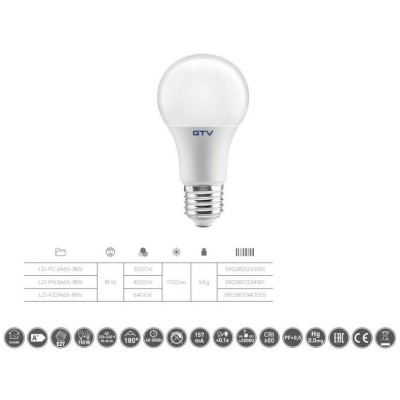 LED žárovka A65, 3000K, E27, 18W, 1700lm, AC175-265V/ 50-60Hz, RA80, 180°, 157mA - středně teplá