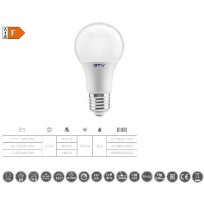 LED žárovka A65, 4000K, E27, 18W, 1700lm, AC175-265V/ 50-60Hz, RA80, 180°, 157mA - teplá bílá