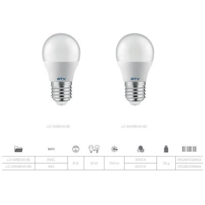 LED žárovka B45 mléčná středně teplá -  E27, 8W, 3000K