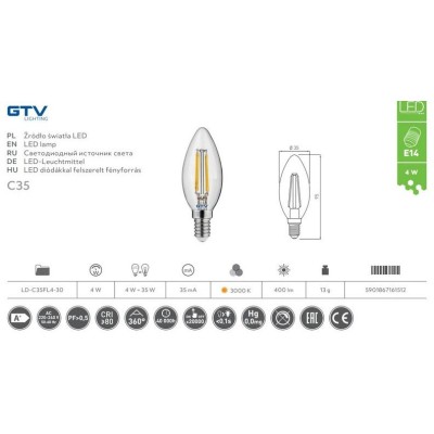 LED žárovka C35 teplá - E14, 4W,3000K, 220-240V