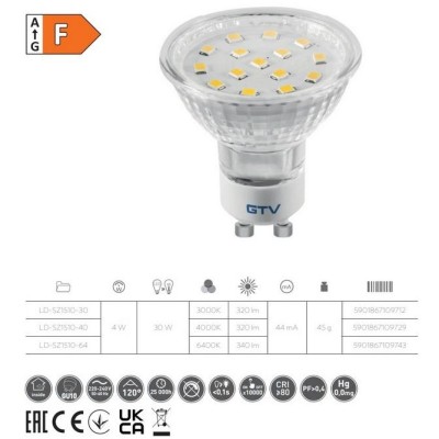 LED žárovka SMD 2835 středně bílá -  GU10, 4W, 4000K, 230V, úhel svitu 120°, 330 lm, 43 mA - středně teplá