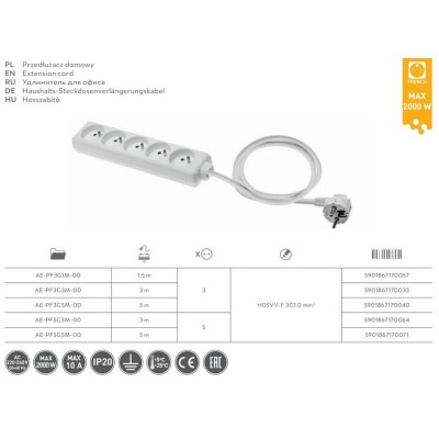 Prodlužovací kabel 5 zásuvka, 5m 3x1,00mm2
