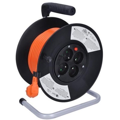 Prodlužovací přívod na bubnu, 4 zásuvky, 20m, oranžový kabel, 3x 1,5mm2