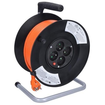 Prodlužovací přívod na bubnu, 4 zásuvky, 50m, oranžový kabel, 3x 1,5mm2