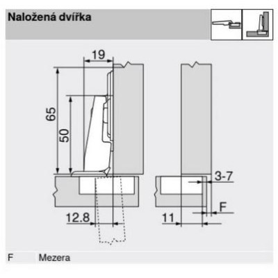 Závěs BLUM MODUL 95° naložený pro lednicové dveře 91K9550
