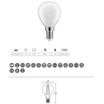 LED žárovka G45 mléčný, středně teplá - 3000K,E14,4W,400lm,220-240V/50-60Hz, F - středně teplá