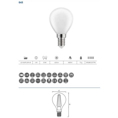 LED žárovka G45 mléčný, středně teplá - 4000K,E14,4W,420lm,220-240V/50-60Hz, F - teplá bílá