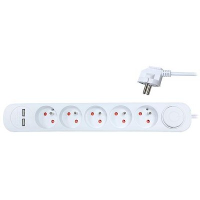 prodlužovací přívod, 5 zásuvek, USB 2.4A, bílý, 3 x 1mm2, vypínač, 2m
