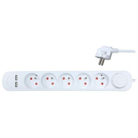 prodlužovací přívod, 5 zásuvek, USB 2.4A, bílý, 3 x 1mm2, vypínač, 2m