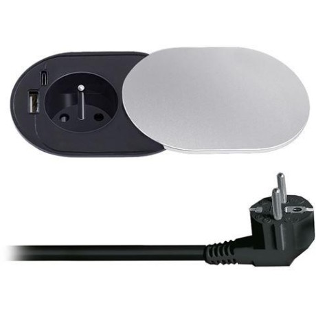 vestavná zásuvka s posuvným víčkem, USB A+C nabíječka, 2m, stříbrná