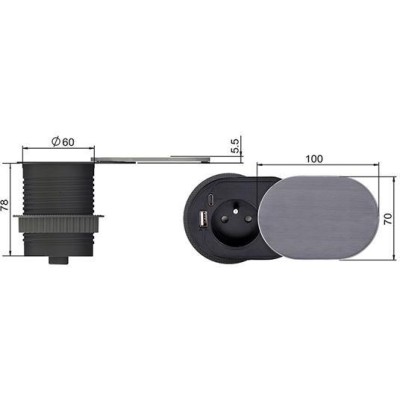 vestavná zásuvka s posuvným víčkem, USB A+C nabíječka, 2m, stříbrná